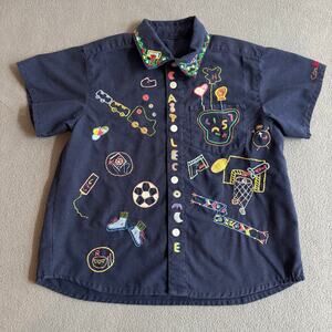 Colorful Embroidered Button Down Short Sleeve Shirt Kids Boys 6 Blue